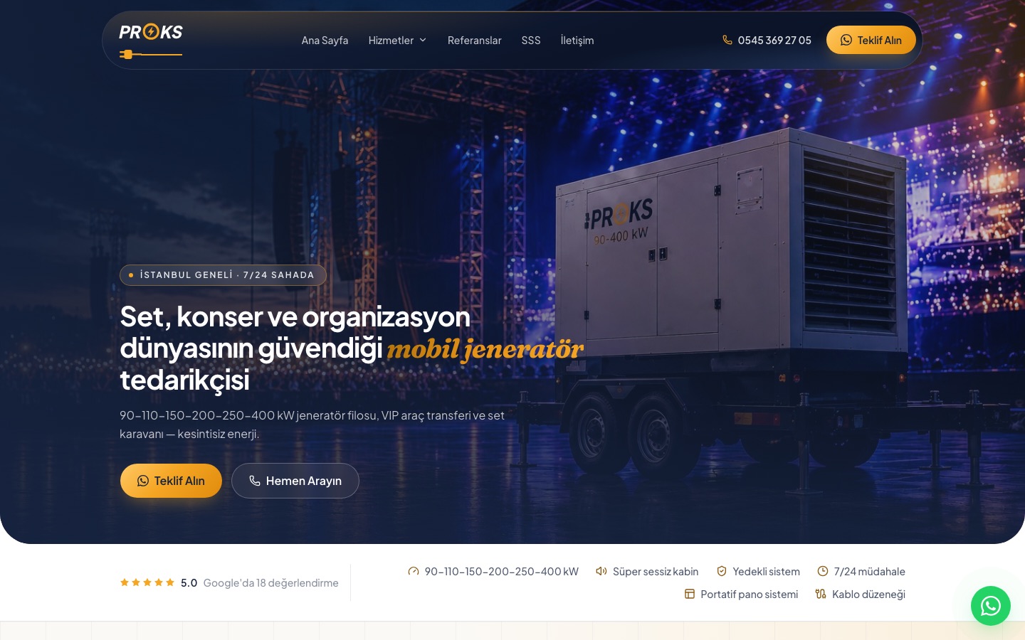Proks Mobil Jeneratör web sitesinin ana sayfası: jeneratör görseli, güç aralığı ve teklif alma butonları.