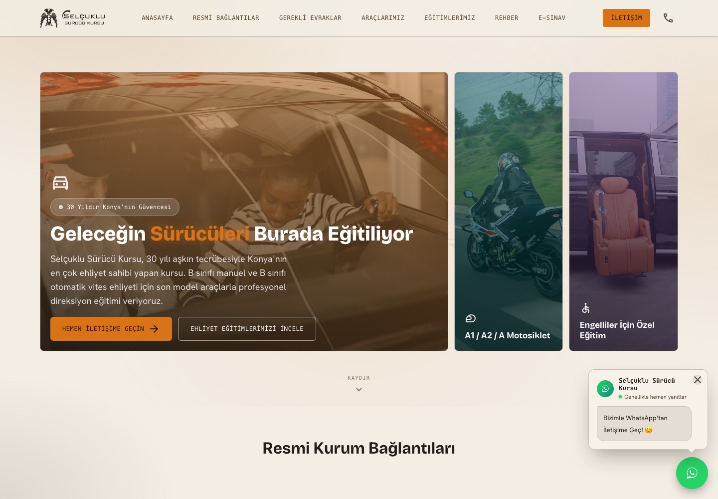 Selçuklu Sürücü Kursu web sitesinin ana sayfası: B sınıfı, motosiklet ve engelli eğitimi kartları.